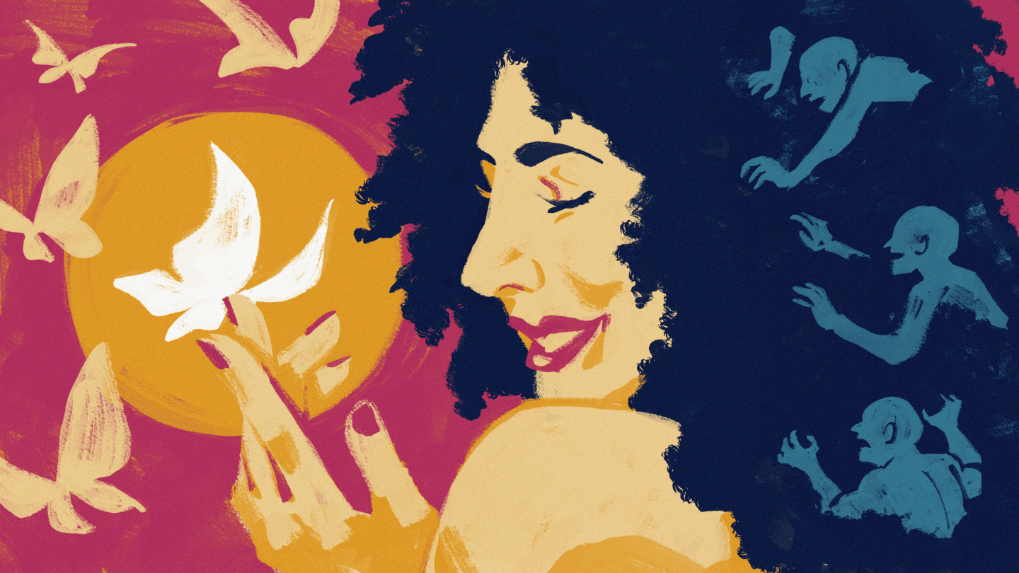 Illustration of a person holding a butterfly on their fingertip, turning toward a group of butterflies and away from silhouettes of people in their hair