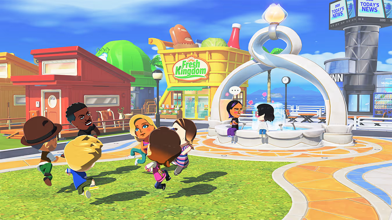 A circle of Miis jumping in a grassy area, in front of two Miis chatting while sitting by a fountain