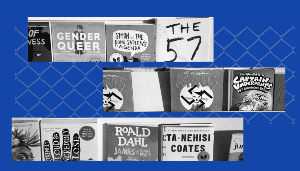 A series of regularly banned books–including Gender Queer—lined up against a blue background