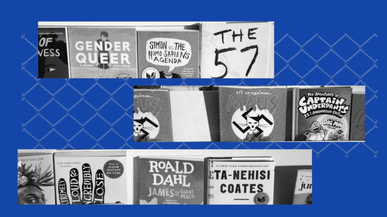 A series of regularly banned books–including Gender Queer—lined up against a blue background
