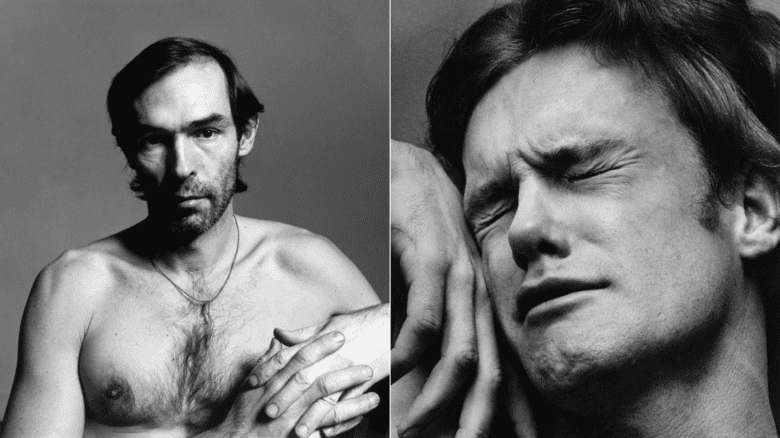 A side by side of two black and white photos by photographer Peter Hujar, one a self portrait and the other his piece Orgasmic Man.