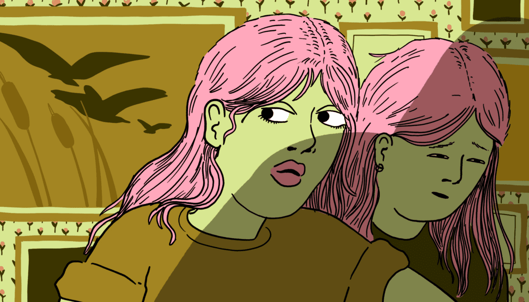 An illustration of two people with pink hair