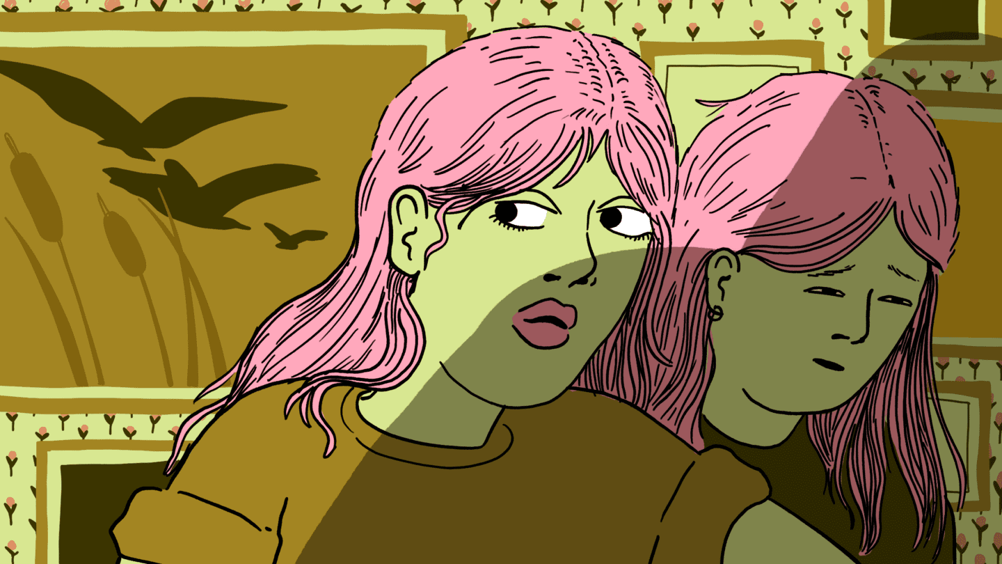 An illustration of two people with pink hair