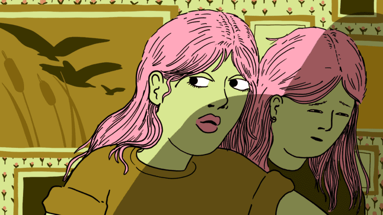 An illustration of two people with pink hair