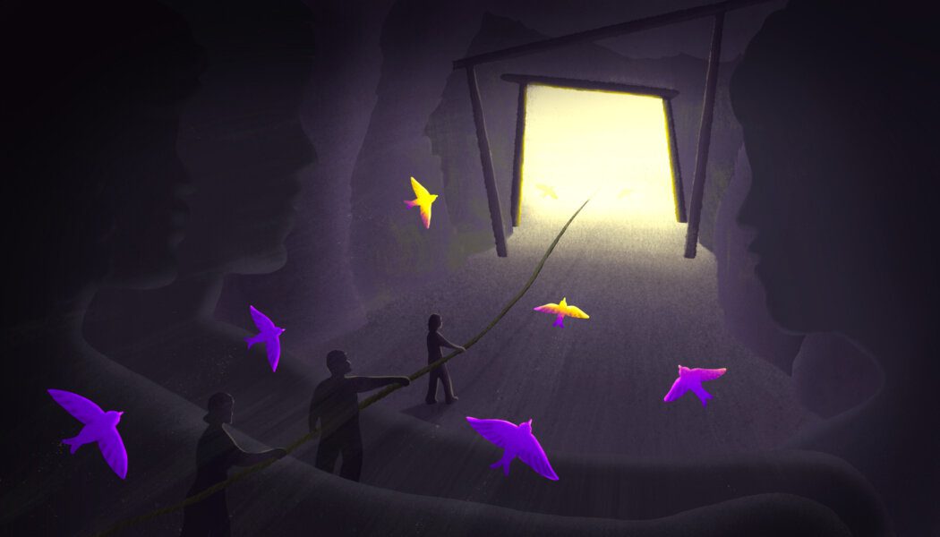 Illustration of three shadowy figures in a mine, holding a rope leading out to the mine's shining golden entrance. Purple and golden birds fly toward the entrance. The heads and shoulders of larger shadowy figures are in visible on either side of the illustration.