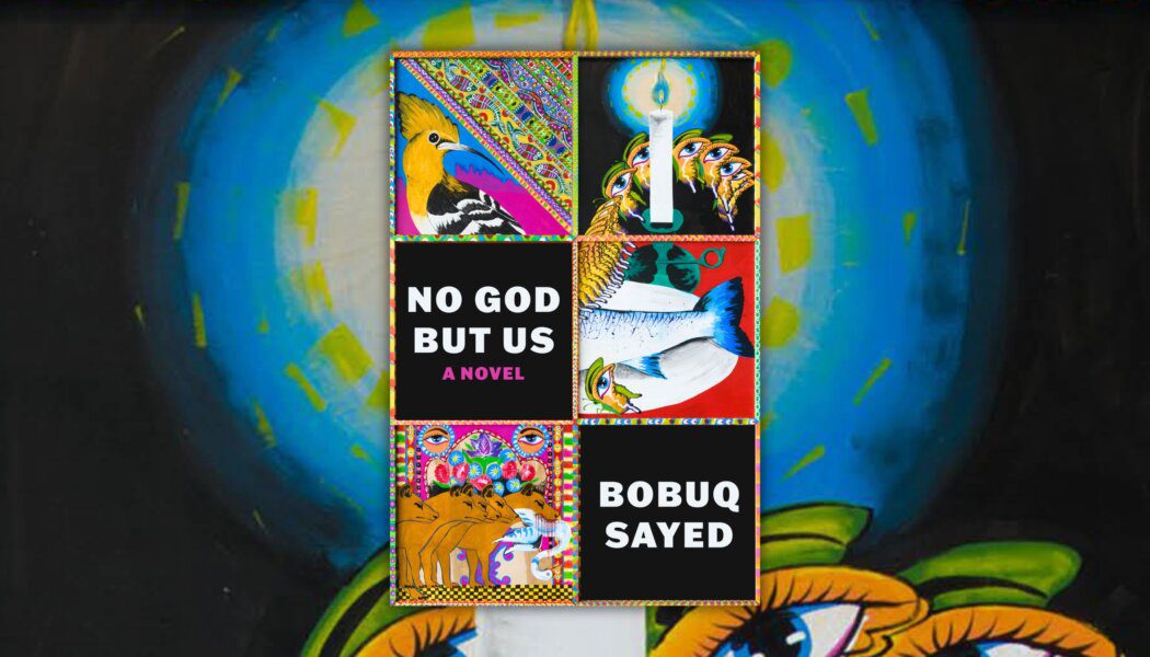 An image of the cover of 'No God but Us' against a zoomed portion of the cover featuring a lit candle and butterflies with eyes on their wings against a black background
