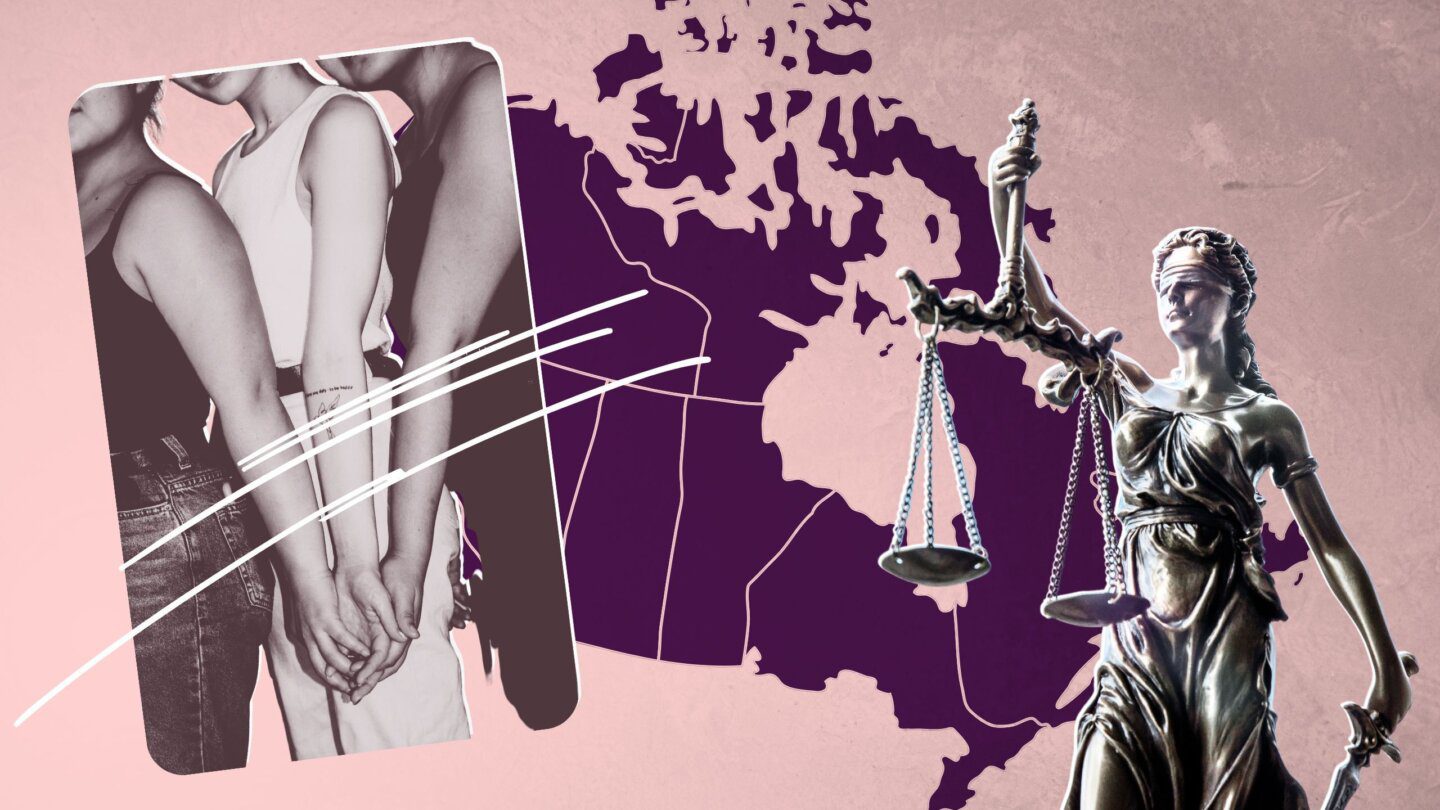 A collage of three people holding hands, a map of Canada and Lady Justice