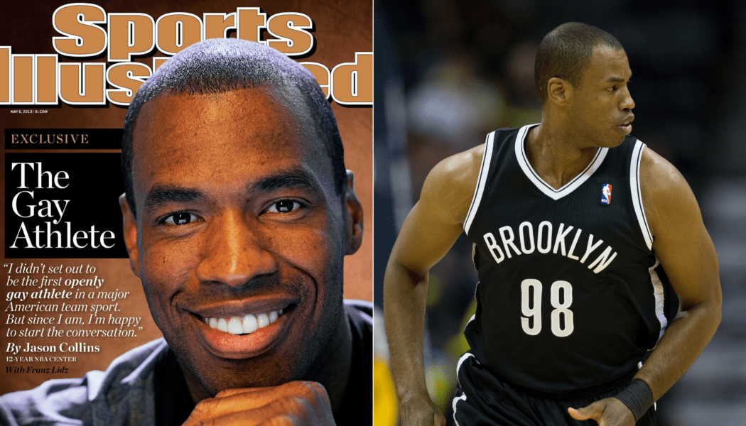 On the left, Jason Collins on the cover of Sports Illustrated coming out as gay. On the right, a photo of Collins playing for the Brooklyn Nets.
