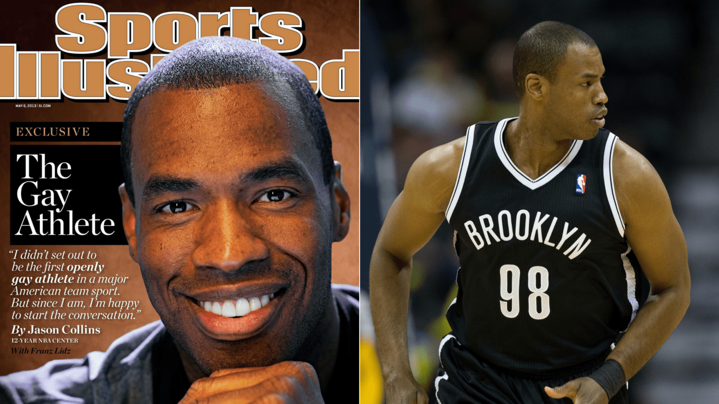On the left, Jason Collins on the cover of Sports Illustrated coming out as gay. On the right, a photo of Collins playing for the Brooklyn Nets.