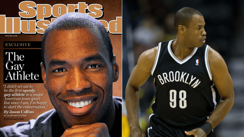 On the left, Jason Collins on the cover of Sports Illustrated coming out as gay. On the right, a photo of Collins playing for the Brooklyn Nets.