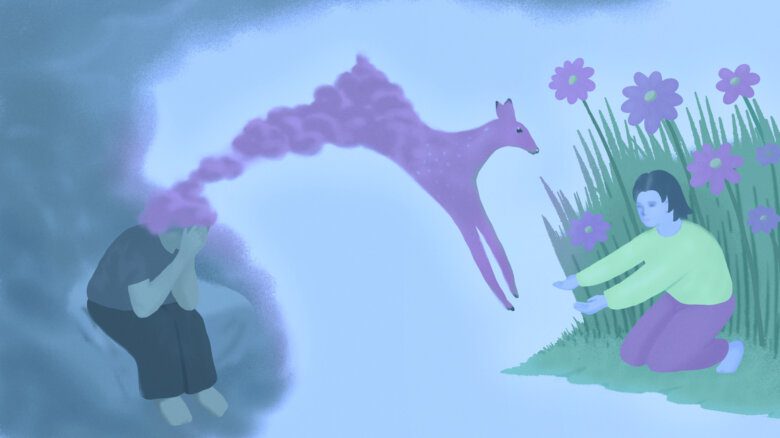 Illustration of a person with their head in their hands, sitting on a bed. A trail of smoke rises from their head and transforms into a deer, jumping towards another person who is kneeling with their arms outstretched, in front of tall blades of grass and flowers.
