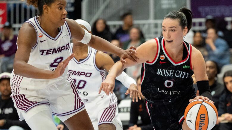 Portland Fire guard Bridget Carleton (6) drives against Toronto Tempo forward Nyara Sabally (8).
