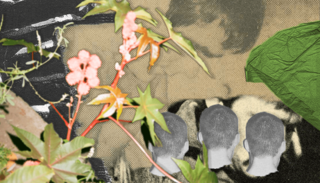 The backs of three heads surrounded by flowers