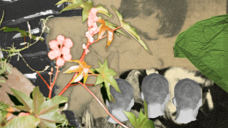 The backs of three heads surrounded by flowers