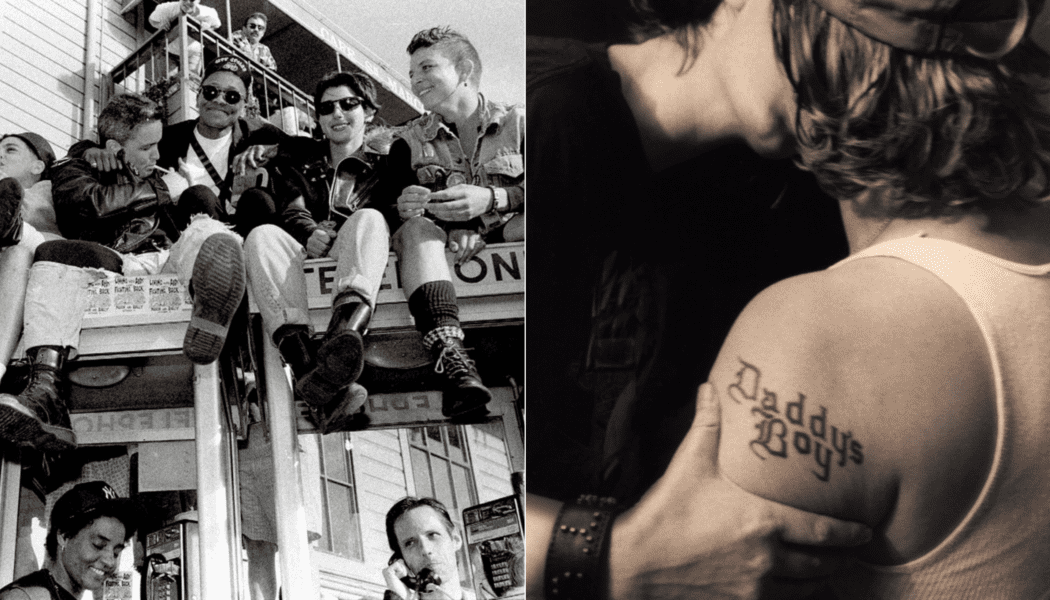 Two photos by lesbian photographer Phyllis Christopher. On the left, lesbians at a pride event in San Francisco. On the right, a lesbian tattoo.