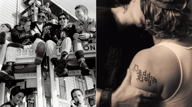 Two photos by lesbian photographer Phyllis Christopher. On the left, lesbians at a pride event in San Francisco. On the right, a lesbian tattoo.