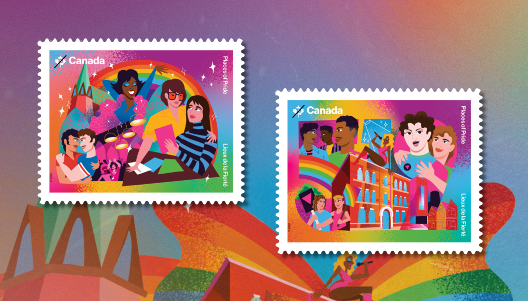 Two pride stamps from Canada Post highlighting The Turret nightclub and the 519 community center.