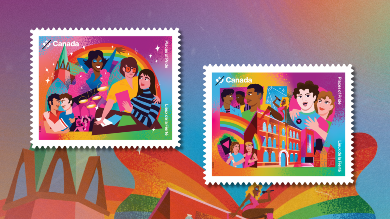 Two pride stamps from Canada Post highlighting The Turret nightclub and the 519 community center.