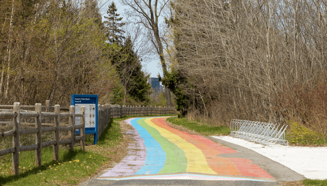 A path painted in rainbow colours is seen near Hanlan's Point on the Toronto Islands on Tuesday, May 12, 2026.