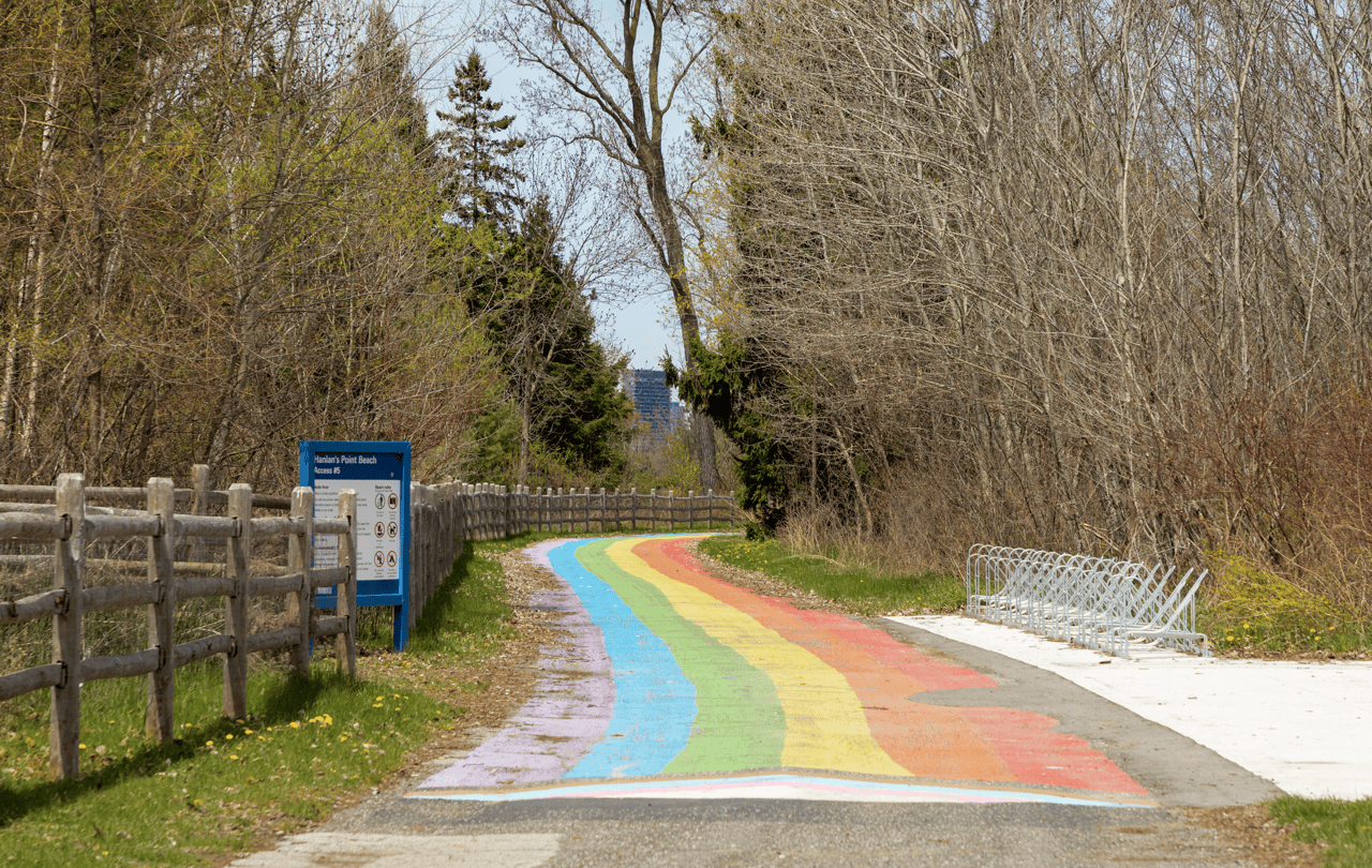 A path painted in rainbow colours is seen near Hanlan's Point on the Toronto Islands on Tuesday, May 12, 2026.