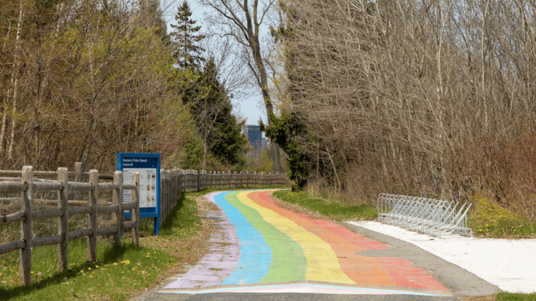A path painted in rainbow colours is seen near Hanlan's Point on the Toronto Islands on Tuesday, May 12, 2026.