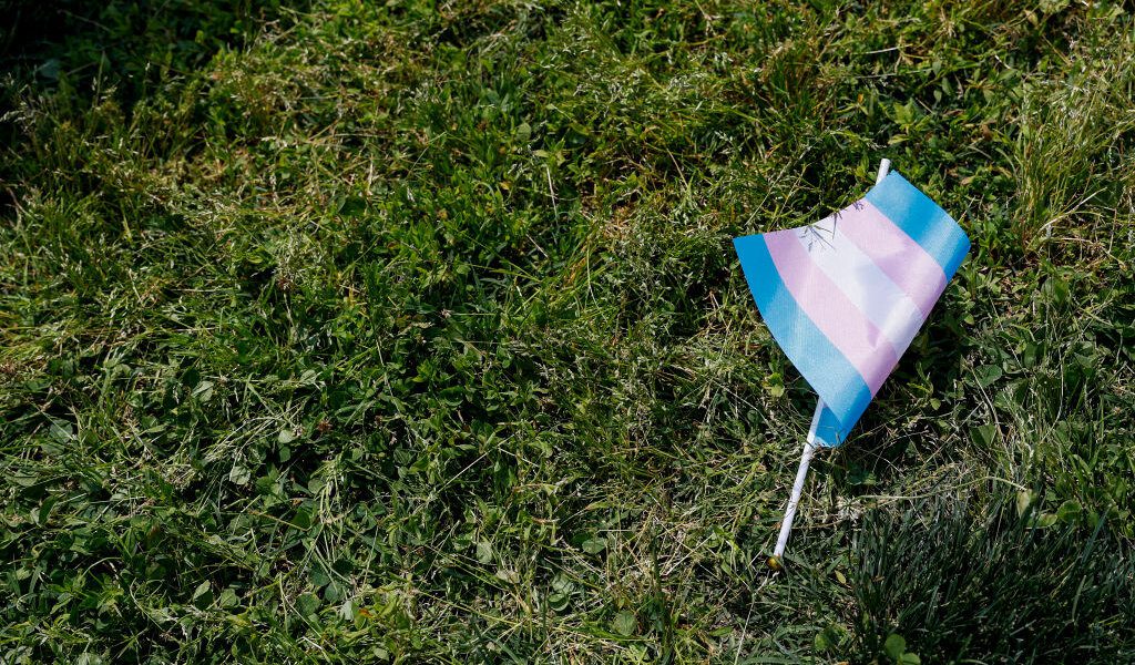 A trans flag is seen discarded on the grass