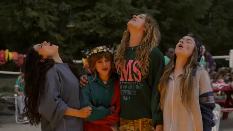 Annie Jacobson (Ella Rubin), Maple (Mabel Strachan), Oona (Bo Bragason) and Ramona (Amélie Hoeferle) shout in a scene in Sterling Point.