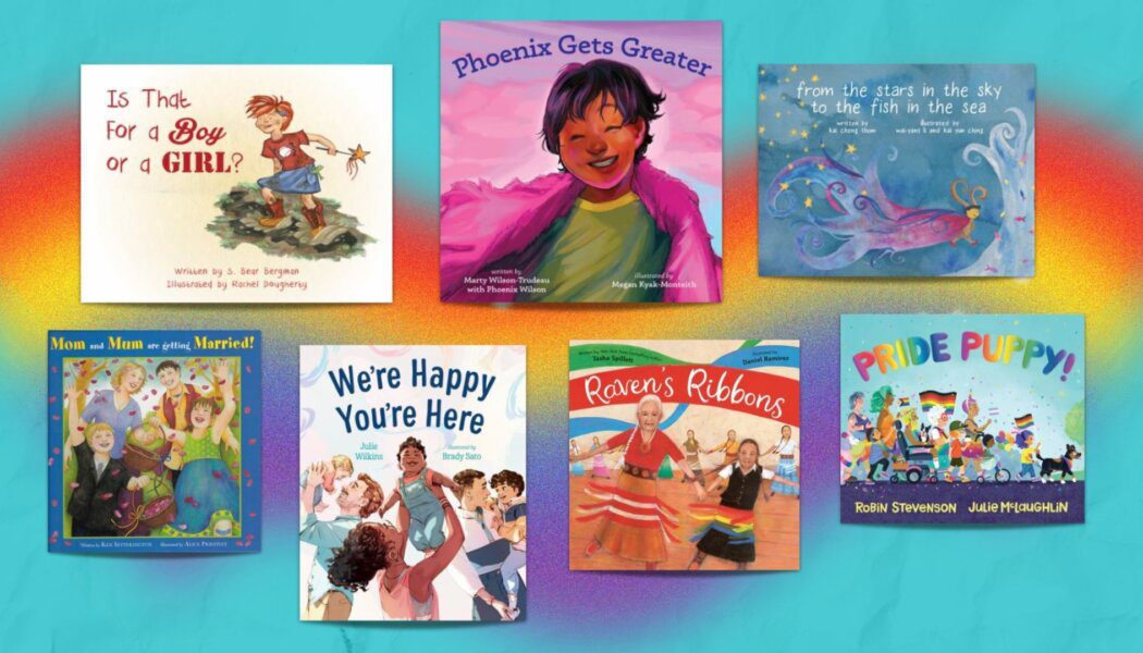 The covers of seven picture books against a blue and rainbow background