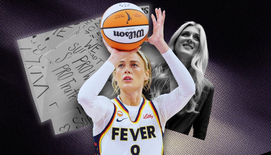 Indiana Fever player Sophie Cunningham is shown holding a basketball; behind her is Riley Gaines and posters of support.