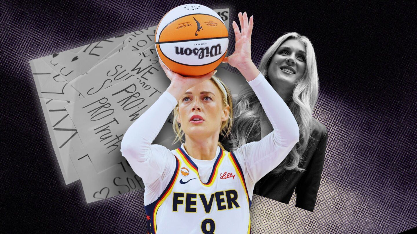 Indiana Fever player Sophie Cunningham is shown holding a basketball; behind her is Riley Gaines and posters of support.