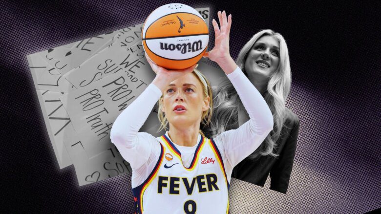 Indiana Fever player Sophie Cunningham is shown holding a basketball; behind her is Riley Gaines and posters of support.