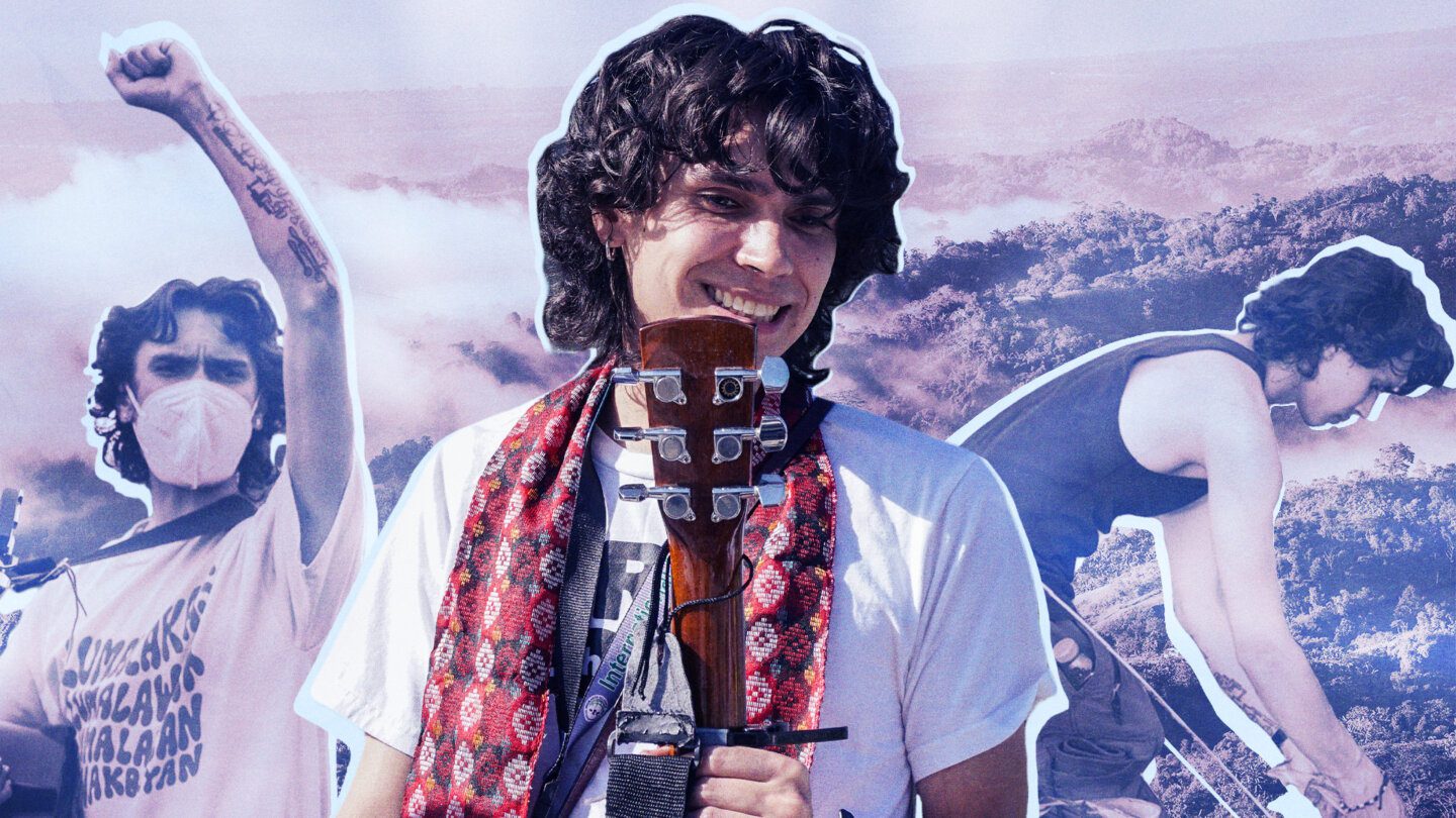 Three photos of Kai Sorem: one in a mask raising a first, one in a scarf, holdinga guitar, one bending over (perhaps gardening). In the background is imagery of the natural world in the Philippines