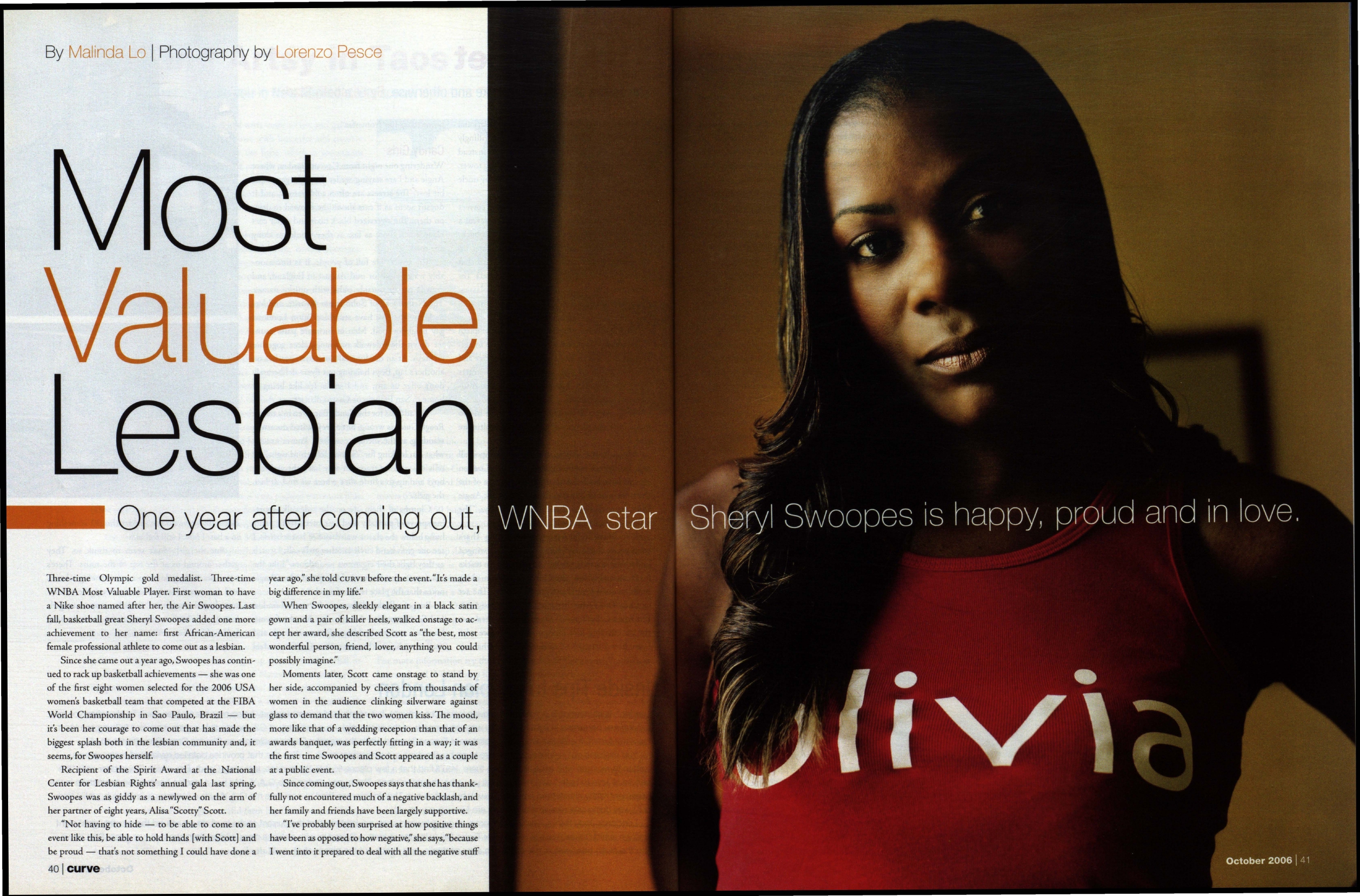 Image of a Curve magazine spread featuring Sheryl Swoopes in a tank top with the Olivia logo
