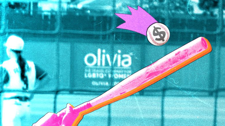 Collage with two hands holding a bat, swinging towards a baseball with a dollar sign on it, against a blue background with a net, baseball player and the Olivia logo on an outfield sign