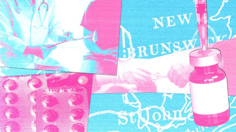 Pink and blue collage featuring a map of New Brunswick and people sitting