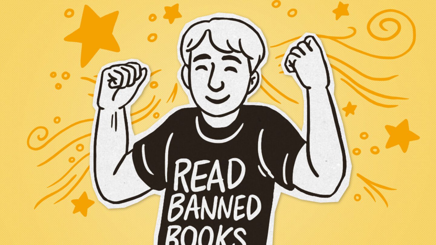 A comic of Maia Kobabe with arms raised, wearing a shirt that says "Read Banned Books"