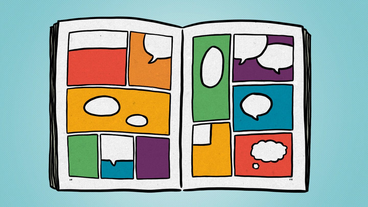 A cartoon of a comic book done in rainbow colours; there are colourful boxes with blank text bubbles shown
