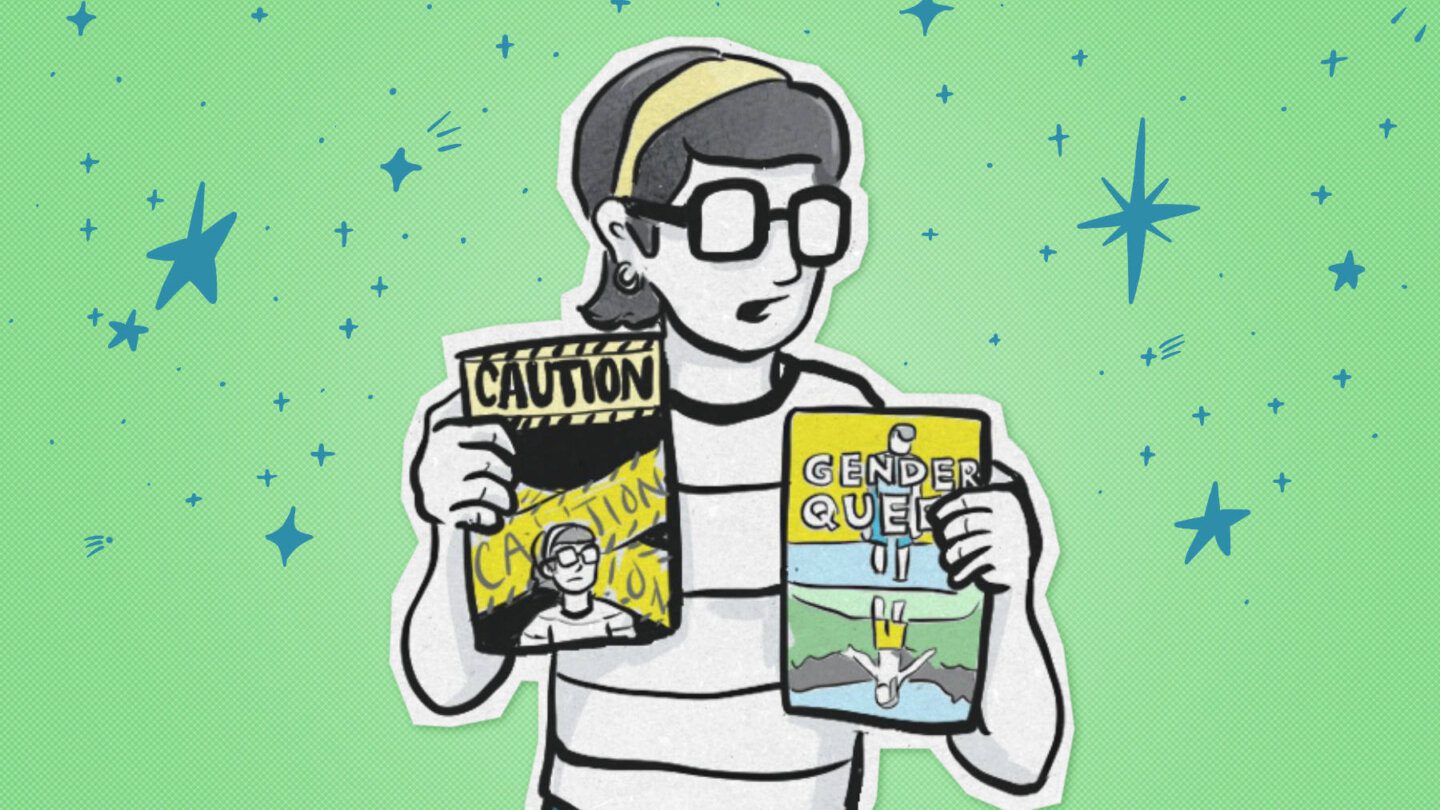 A person wearing a striped shirt, headband and glasses holds up two comic books. One says "Gender Queer" and one shows Caution tape