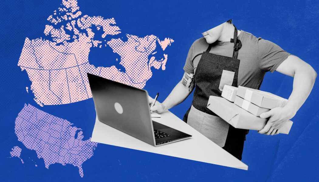 A person in an apron stands at a laptop and holds a stack of boxes; next to them are maps of the U.S. and Canada. The background is blue.