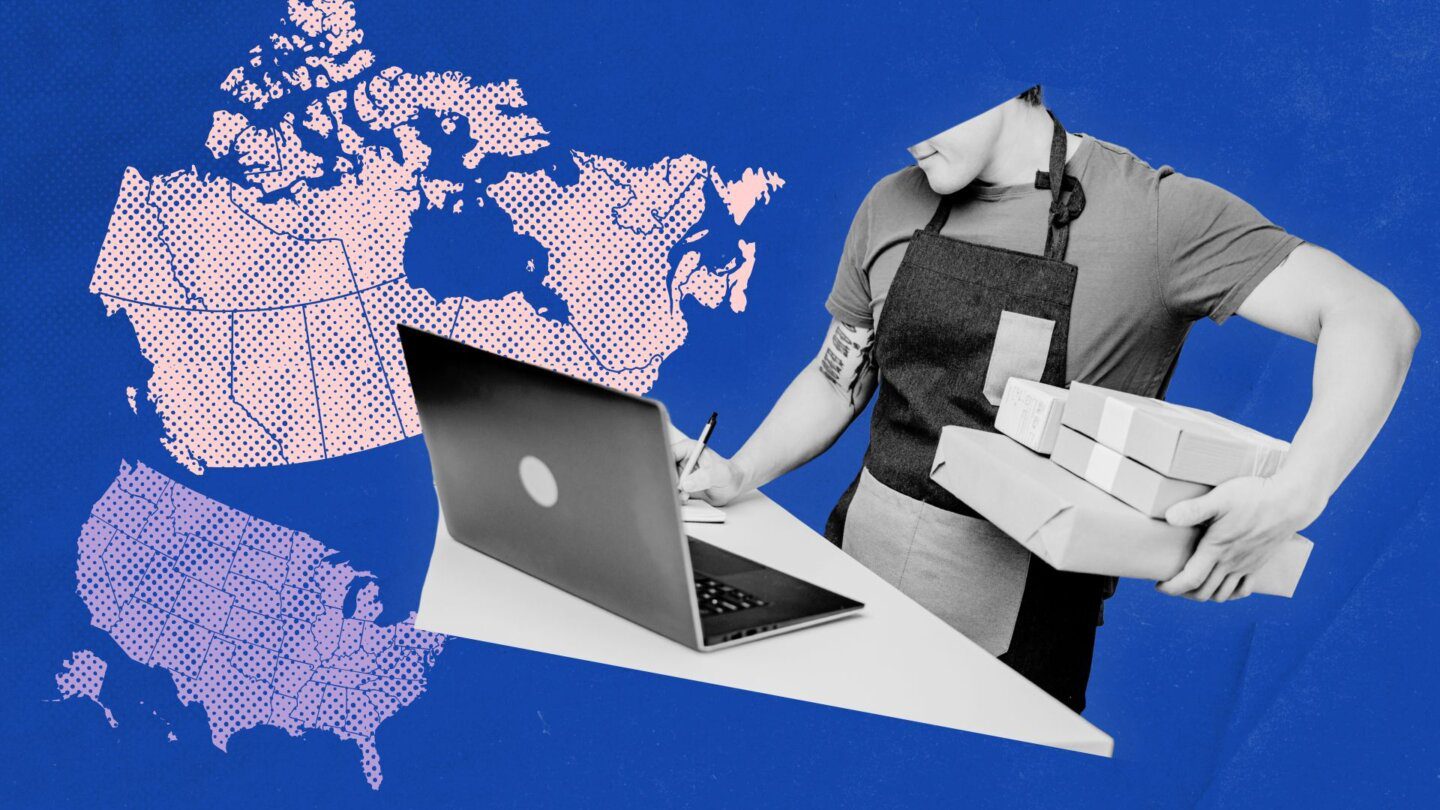 A person in an apron stands at a laptop and holds a stack of boxes; next to them are maps of the U.S. and Canada. The background is blue.