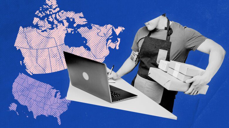 A person in an apron stands at a laptop and holds a stack of boxes; next to them are maps of the U.S. and Canada. The background is blue.