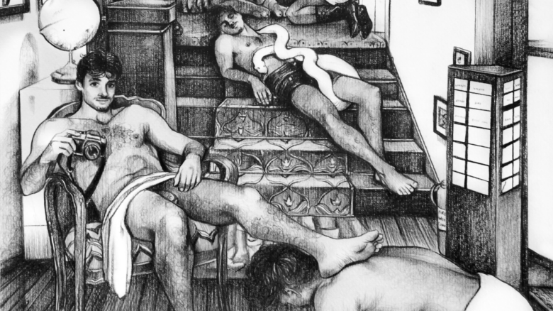 Black and white illustration of several men in underwear splayed out along a staircase