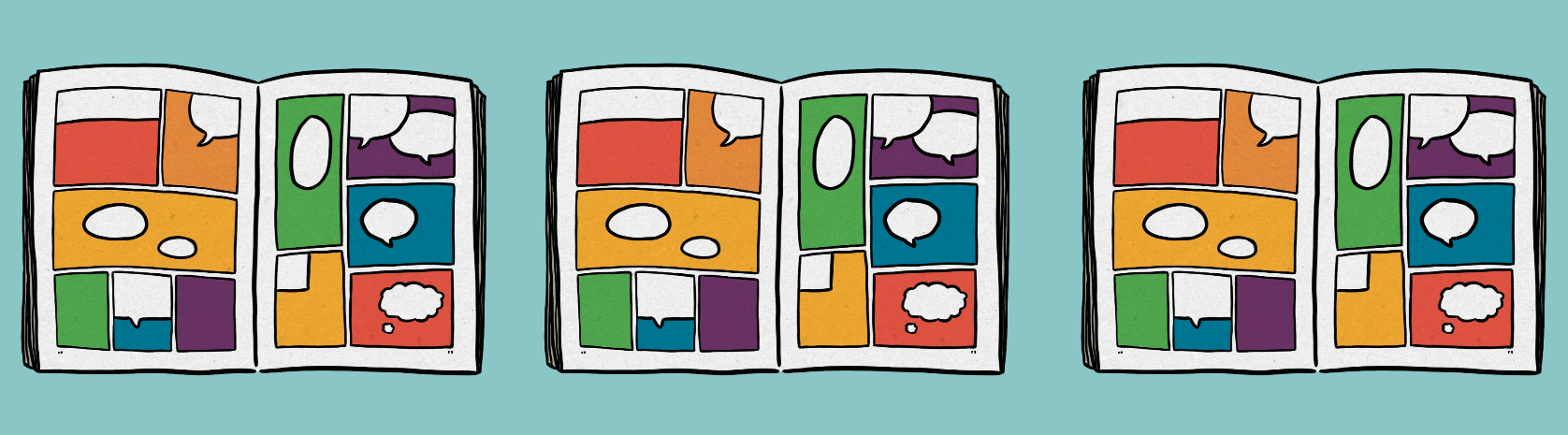 A cyan banner style background with three colourful illustrations of comic books spread across the banner.