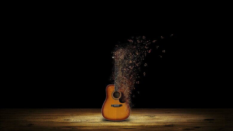 Guitar with flying notes on scene in empty vintage room with black background