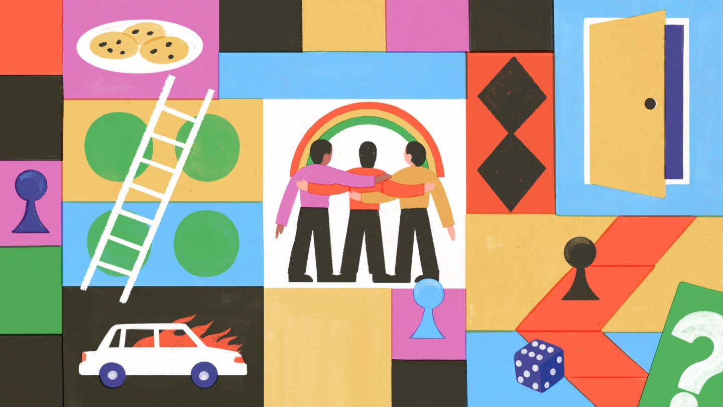 Illustration featuring a boardgame grid with a ladder, game pieces, a dice and a card with a question mark. Larger blocks feature scenes from the story including a plate of chocolate chip cookies, a burning car, an open door and in the centre, three friends holding each other and facing a rainbow.