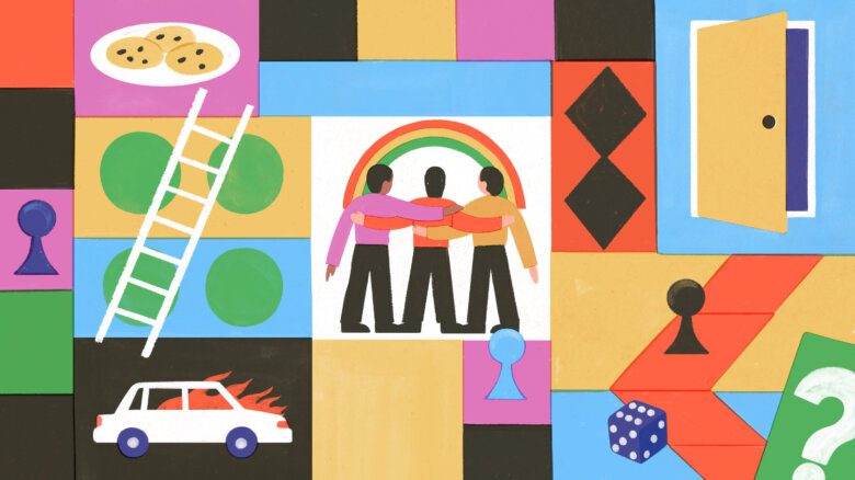 Illustration featuring a boardgame grid with a ladder, game pieces, a dice and a card with a question mark. Larger blocks feature scenes from the story including a plate of chocolate chip cookies, a burning car, an open door and in the centre, three friends holding each other and facing a rainbow.