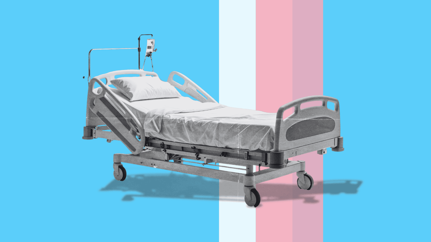 A black and white image of a hospital bed with trans flag colours in the background
