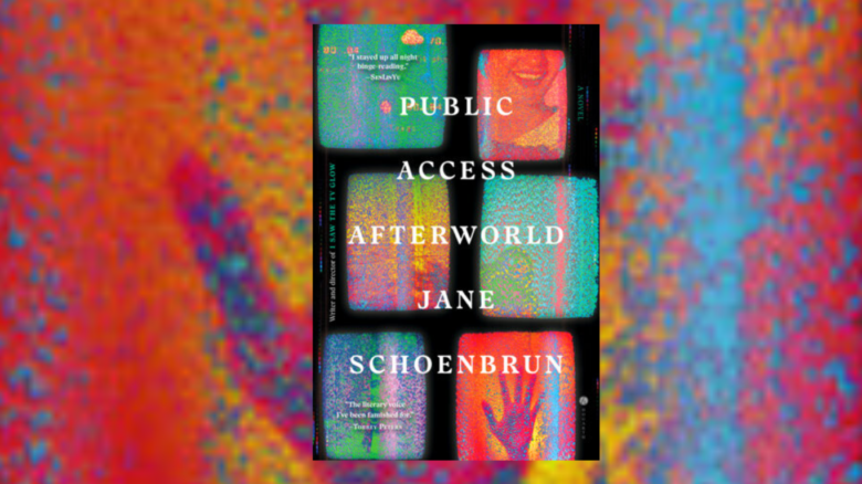 The book cover of Public Access Afterworld on a background that is a zoomed in image from the book, a red hand